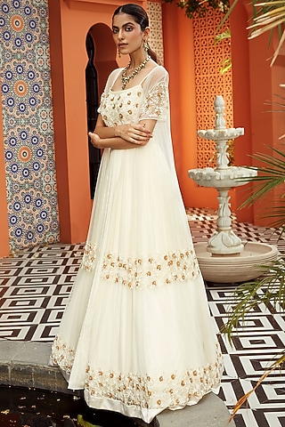 Ivory Gold Hand Embroidered Anarkali With Cape by NIAMH by Kriti