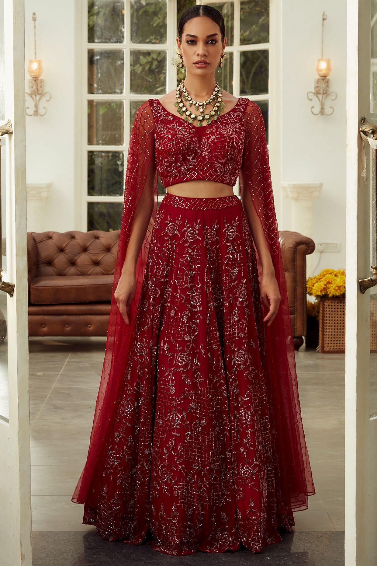 NIAMH by Kriti Ruby Red Floral Embroidered Lehenga Set