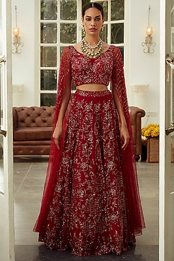 Ruby Red Floral Embroidered Wedding Lehenga Set by NIAMH by Kriti at Pernia's Pop Up Shop
