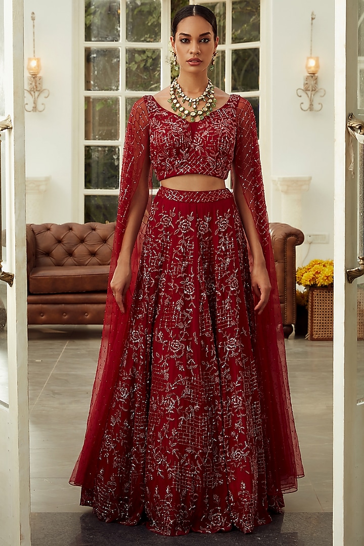Ruby Red Floral Embroidered Lehenga Set by NIAMH by Kriti