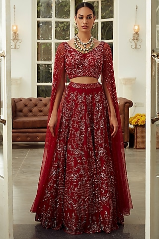 Ruby Red Floral Embroidered Lehenga Set by NIAMH by Kriti