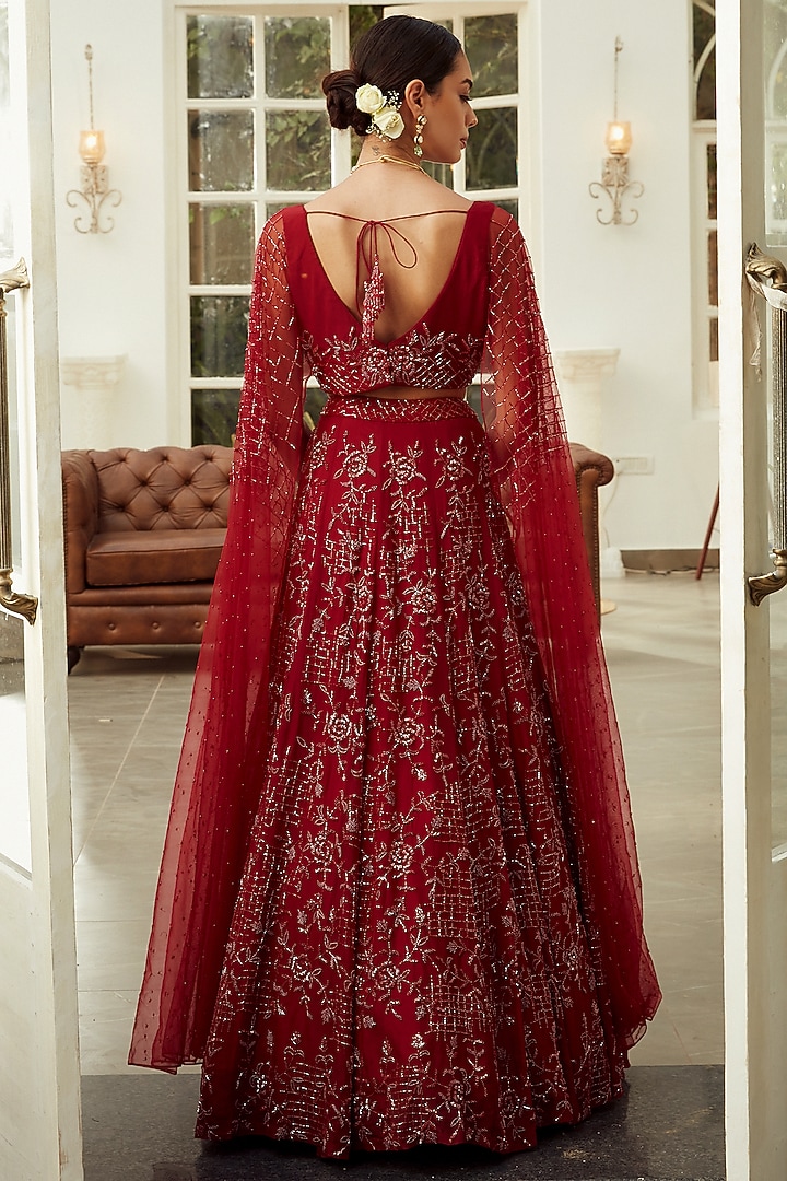 Ruby Red Floral Embroidered Wedding Lehenga Set by NIAMH by Kriti at Pernia's Pop Up Shop