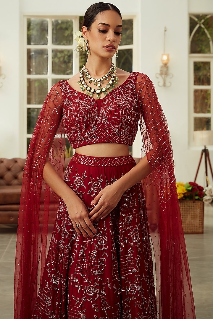 Ruby Red Floral Embroidered Wedding Lehenga Set by NIAMH by Kriti at Pernia's Pop Up Shop