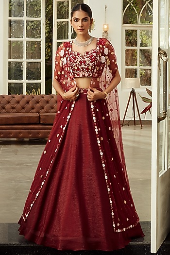 Mahogany Red Embroidered Cape Wedding Lehenga Set by NIAMH by Kriti at Pernia's Pop Up Shop