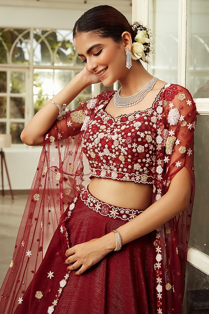 Mahogany Red Embroidered Cape Wedding Lehenga Set by NIAMH by Kriti at Pernia's Pop Up Shop