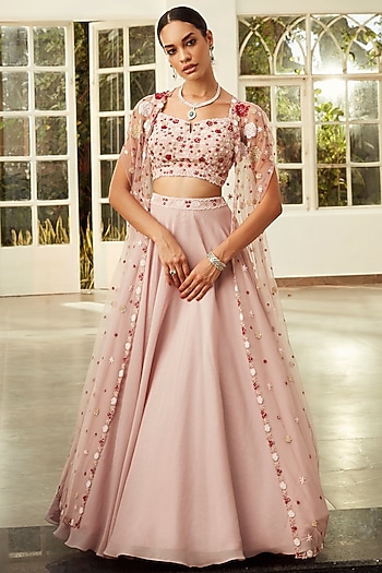 Rose Pink Embroidered Cape Wedding Lehenga Set by NIAMH by Kriti at Pernia's Pop Up Shop