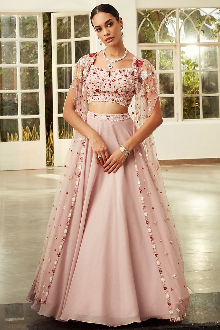 Rose Pink Embroidered Cape Lehenga Set by NIAMH by Kriti