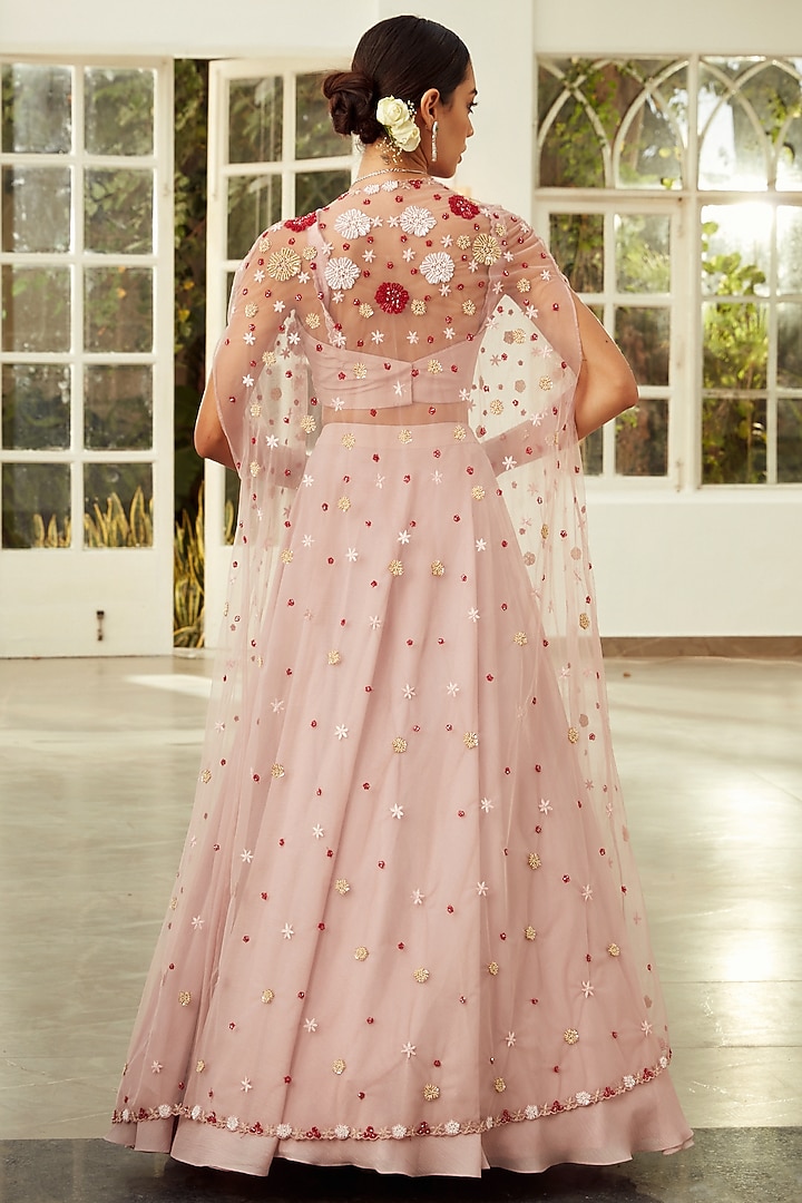 Rose Pink Embroidered Cape Wedding Lehenga Set by NIAMH by Kriti at Pernia's Pop Up Shop