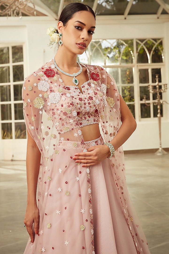 Rose Pink Embroidered Cape Wedding Lehenga Set by NIAMH by Kriti at Pernia's Pop Up Shop