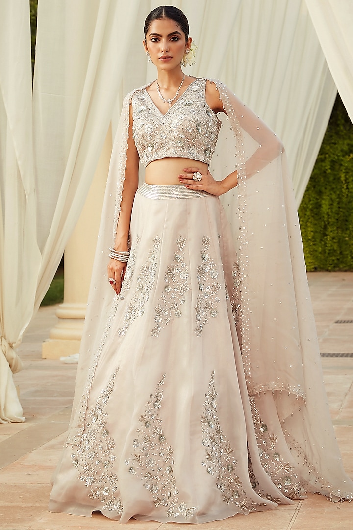 Silver Grey Embroidered Lehenga Set by NIAMH by Kriti