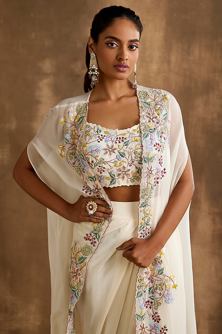 Ivory Silk Crepe & Organza Hand Embroidered Cape Set by NIAMH by Kriti at Pernia's Pop Up Shop