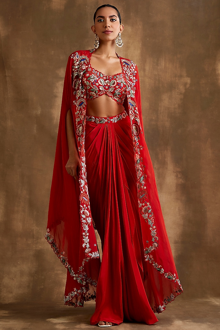 Rust Red Silk Crepe & Organza Hand Embroidered Cape Set by NIAMH by Kriti at Pernia's Pop Up Shop