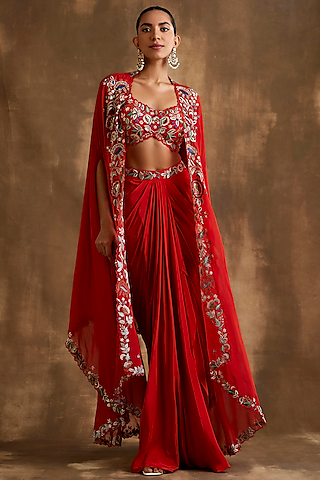 Rust Red Silk Crepe & Organza Hand Embroidered Cape Set by NIAMH by Kriti