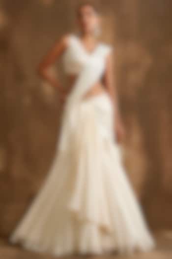 Ivory Silk Crepe & Crushed Foil Draped Lehenga Wedding Saree Set by NIAMH by Kriti at Pernia's Pop Up Shop