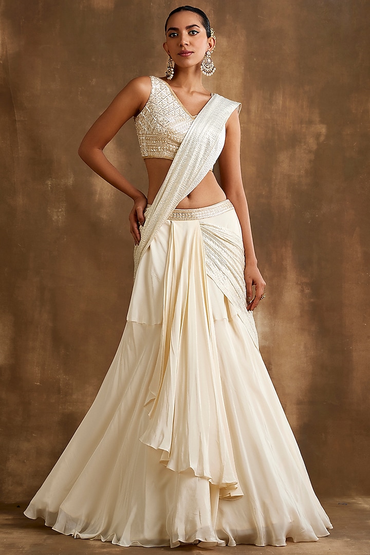 Ivory Silk Crepe & Crushed Foil Draped Lehenga Wedding Saree Set by NIAMH by Kriti at Pernia's Pop Up Shop