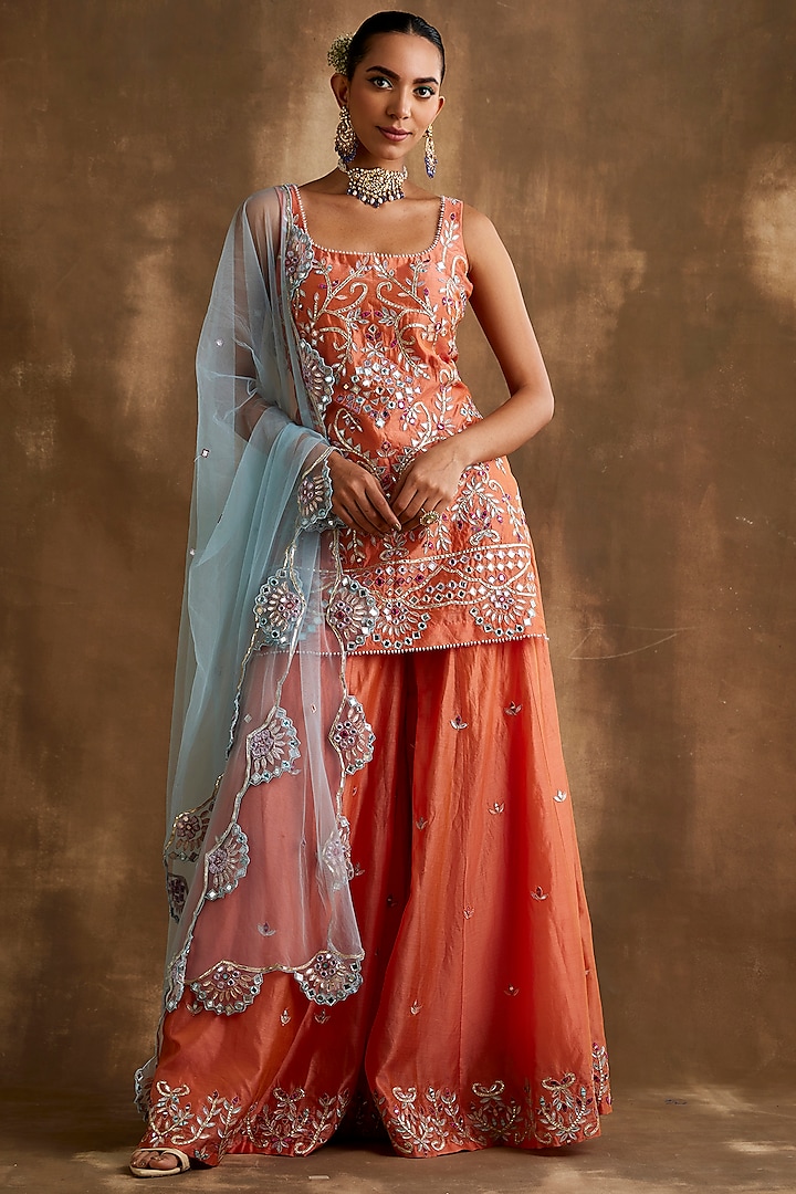 Tangerine Orange Silk Chanderi Mirror Embroidered Wedding Sharara Set by NIAMH by Kriti at Pernia's Pop Up Shop