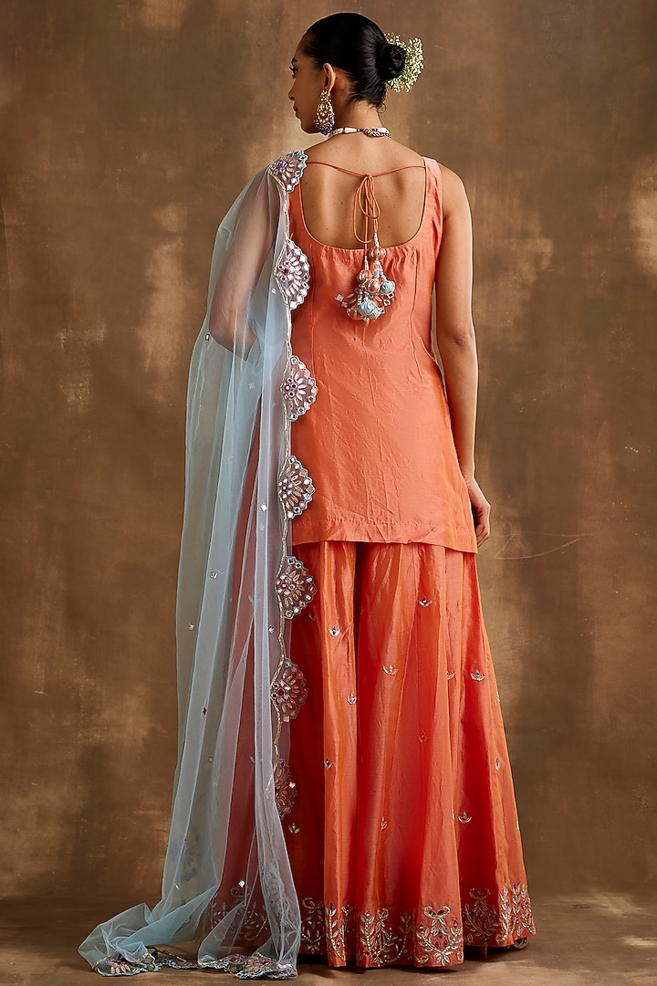 Tangerine Orange Silk Chanderi Mirror Embroidered Wedding Sharara Set by NIAMH by Kriti at Pernia's Pop Up Shop