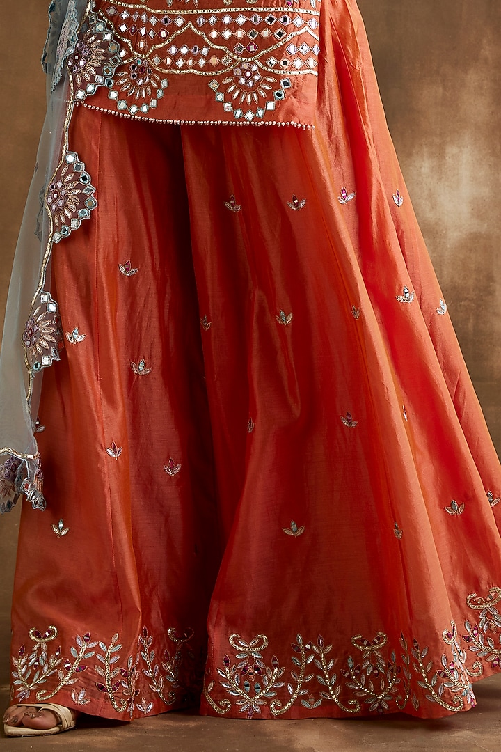 Tangerine Orange Silk Chanderi Mirror Embroidered Wedding Sharara Set by NIAMH by Kriti at Pernia's Pop Up Shop