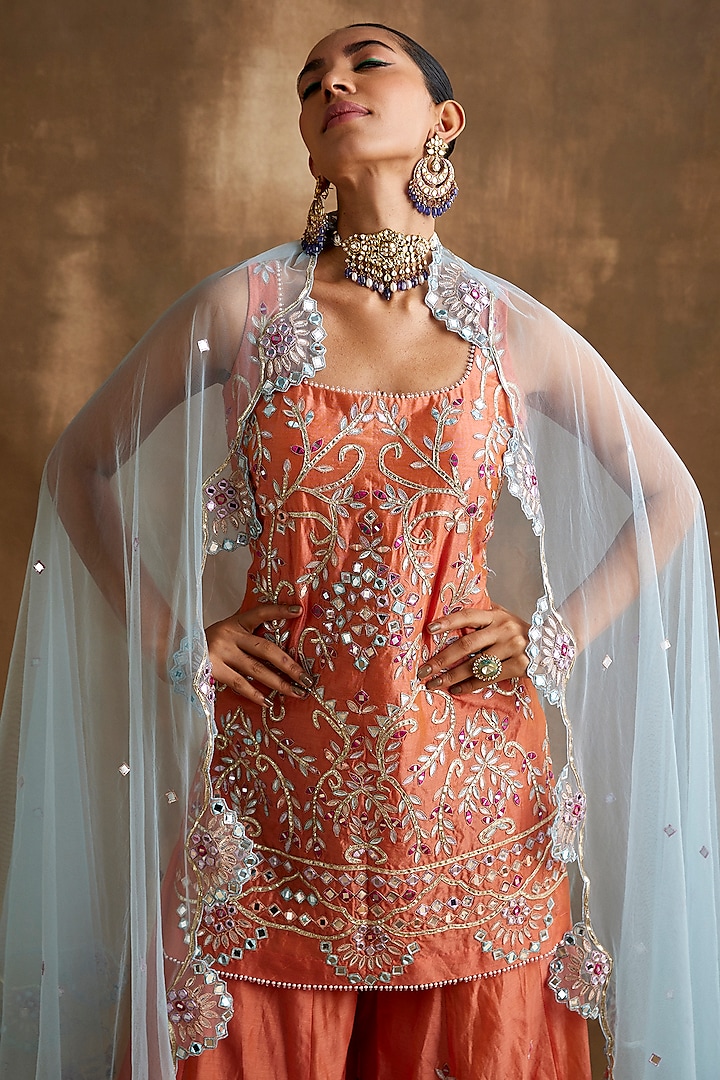 Tangerine Orange Silk Chanderi Mirror Embroidered Wedding Sharara Set by NIAMH by Kriti at Pernia's Pop Up Shop