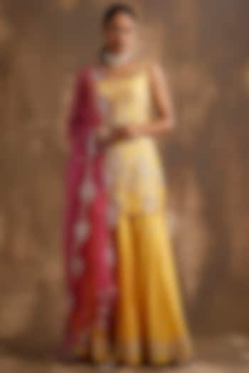 Mustard Yellow Silk Chanderi Mirror Embroidered Wedding Sharara Set by NIAMH by Kriti at Pernia's Pop Up Shop