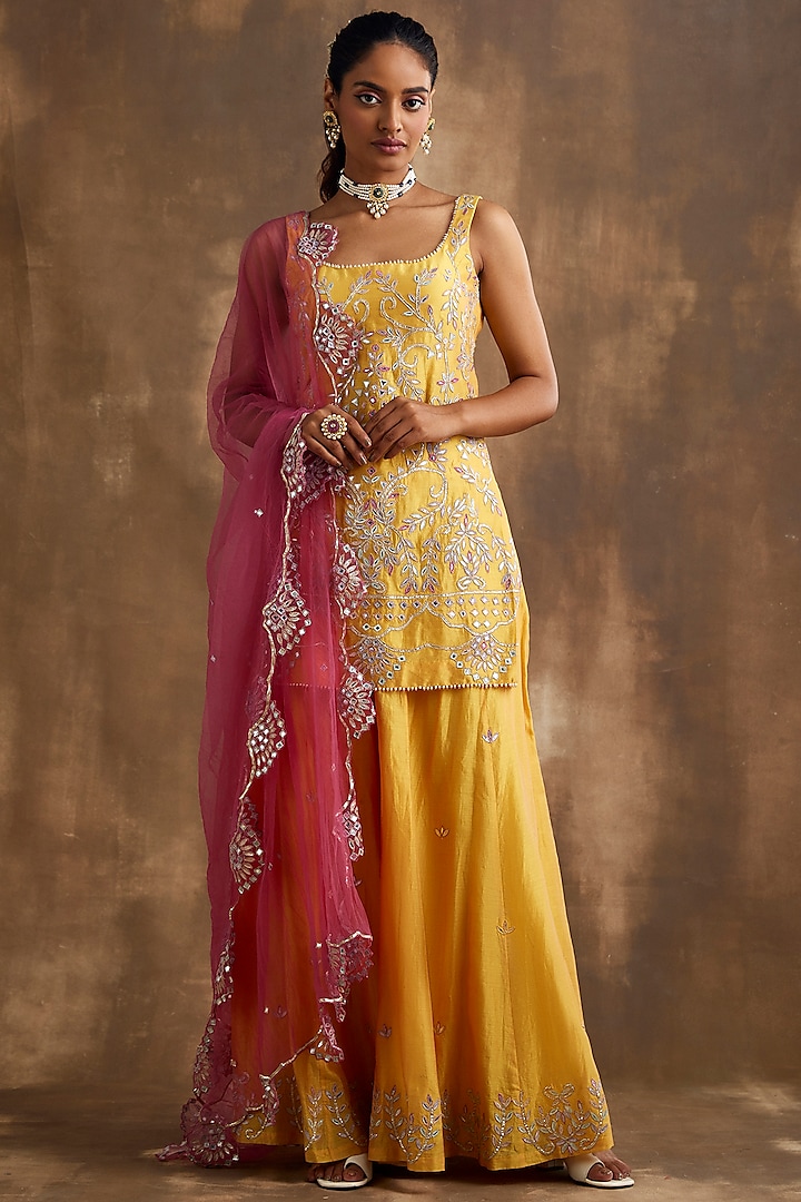 Mustard Yellow Silk Chanderi Mirror Embroidered Wedding Sharara Set by NIAMH by Kriti at Pernia's Pop Up Shop