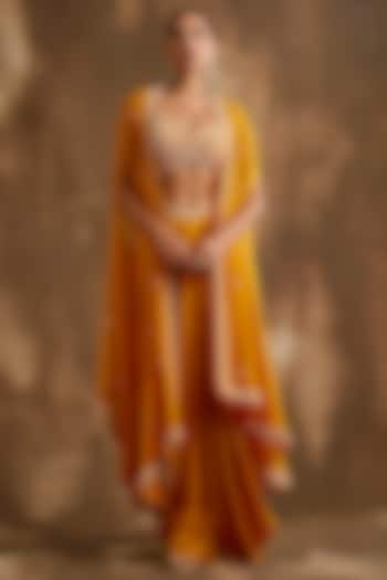 Mango Yellow Silk Crepe Hand Embroidered Cape Set by NIAMH by Kriti at Pernia's Pop Up Shop