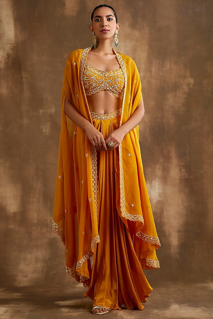 Mango Yellow Silk Crepe Hand Embroidered Cape Set by NIAMH by Kriti at Pernia's Pop Up Shop