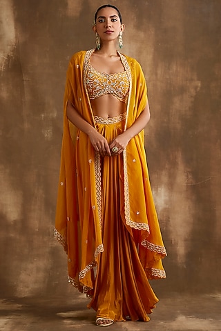 Mango Yellow Silk Crepe Hand Embroidered Cape Set by NIAMH by Kriti
