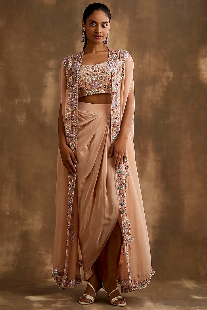 Pale Blush Silk Crepe & Organza Embroidered Cape Set by NIAMH by Kriti at Pernia's Pop Up Shop
