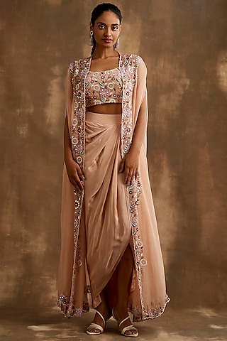 Pale Blush Silk Crepe & Organza Embroidered Cape Set by NIAMH by Kriti