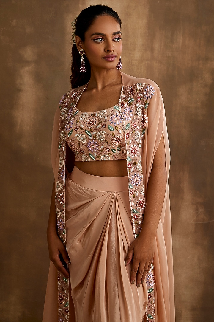 Pale Blush Silk Crepe & Organza Embroidered Cape Set by NIAMH by Kriti at Pernia's Pop Up Shop