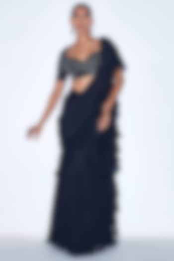 Black Chiffon & Silk Organza Pre-Draped Ruffle Wedding Saree Set by NIAMH by Kriti at Pernia's Pop Up Shop