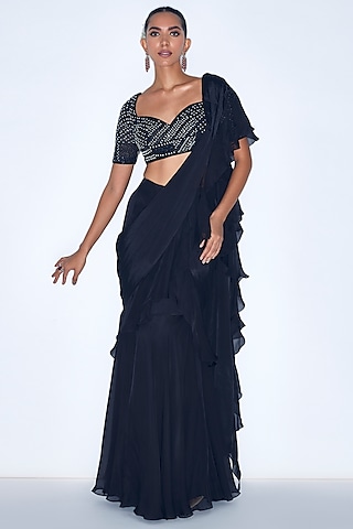 Black Chiffon & Silk Organza Pre-Draped Ruffle Saree Set by NIAMH by Kriti