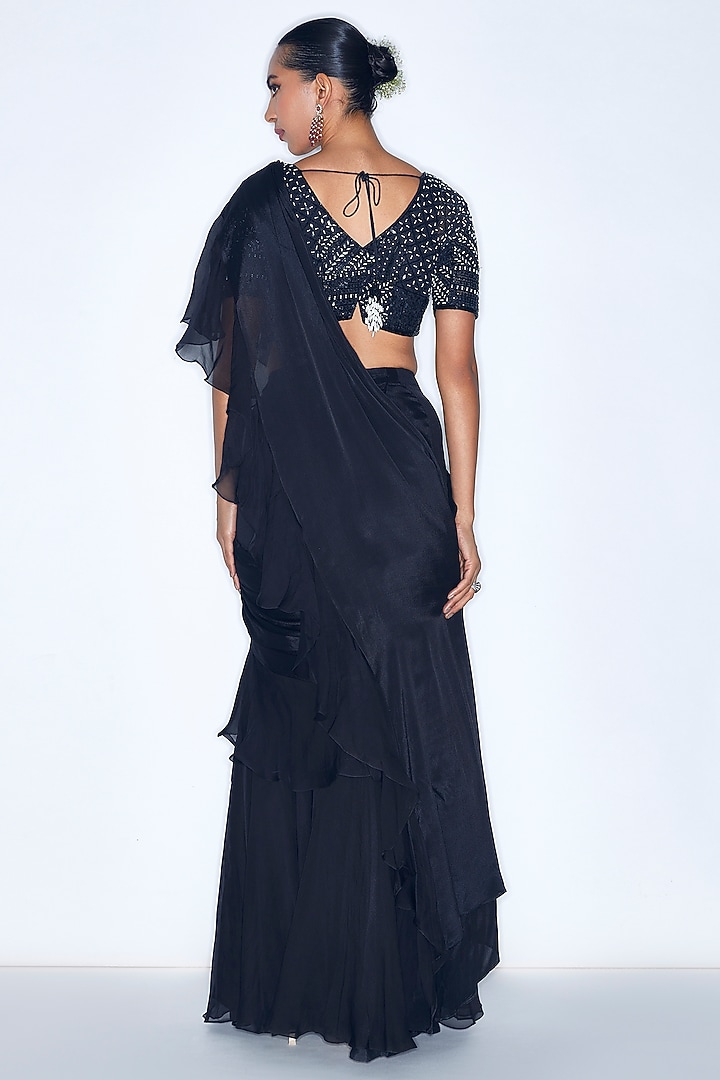 Black Chiffon & Silk Organza Pre-Draped Ruffle Wedding Saree Set by NIAMH by Kriti at Pernia's Pop Up Shop