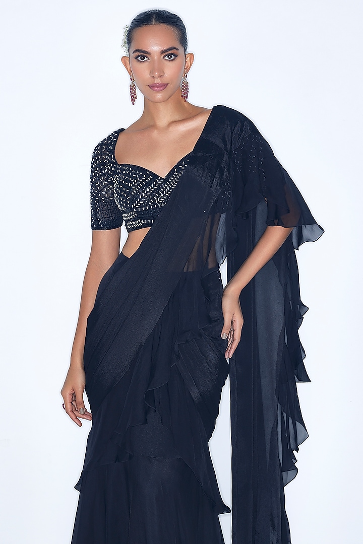 Black Chiffon & Silk Organza Pre-Draped Ruffle Wedding Saree Set by NIAMH by Kriti at Pernia's Pop Up Shop