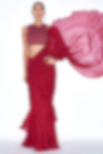 Scarlet Red Chiffon & Organza Pre-Draped Ruffle Wedding Saree Set by NIAMH by Kriti at Pernia's Pop Up Shop