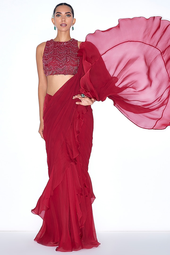 Scarlet Red Chiffon & Organza Pre-Draped Ruffle Wedding Saree Set by NIAMH by Kriti at Pernia's Pop Up Shop