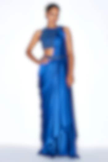 Electric Blue Armani Satin Pre-Draped Wedding Saree Set by NIAMH by Kriti at Pernia's Pop Up Shop
