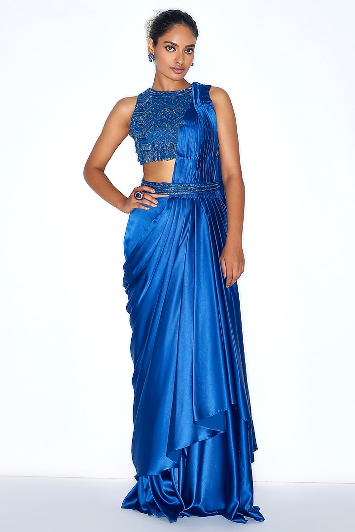 Electric Blue Armani Satin Pre-Draped Wedding Saree Set by NIAMH by Kriti at Pernia's Pop Up Shop