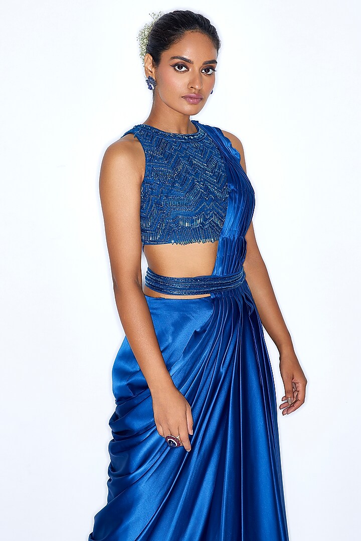 Electric Blue Armani Satin Pre-Draped Wedding Saree Set by NIAMH by Kriti at Pernia's Pop Up Shop