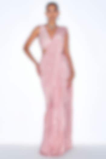 Rose Pink Silk Crepe Hand Embroidered Pre-Draped Saree Set by NIAMH by Kriti at Pernia's Pop Up Shop