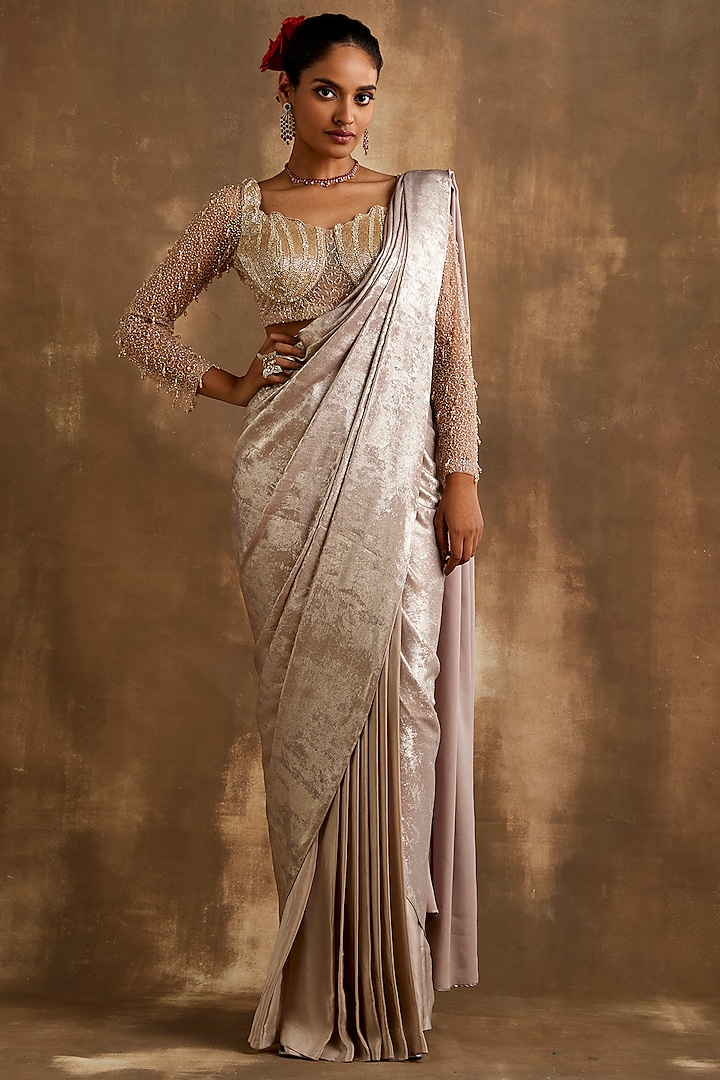 Gold Silk Crepe Pre-Draped Saree Set by NIAMH by Kriti