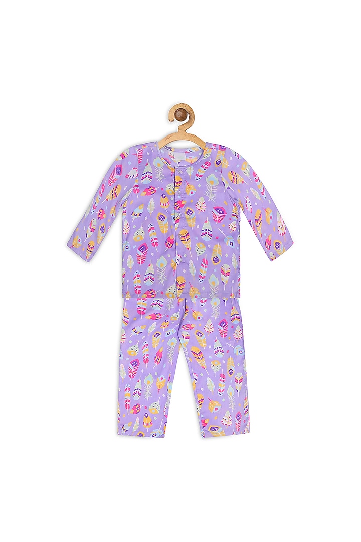 Dusty Lavender Feather-Weather Printed Night Suit For Girls by Nigh Nigh label at Pernia's Pop Up Shop