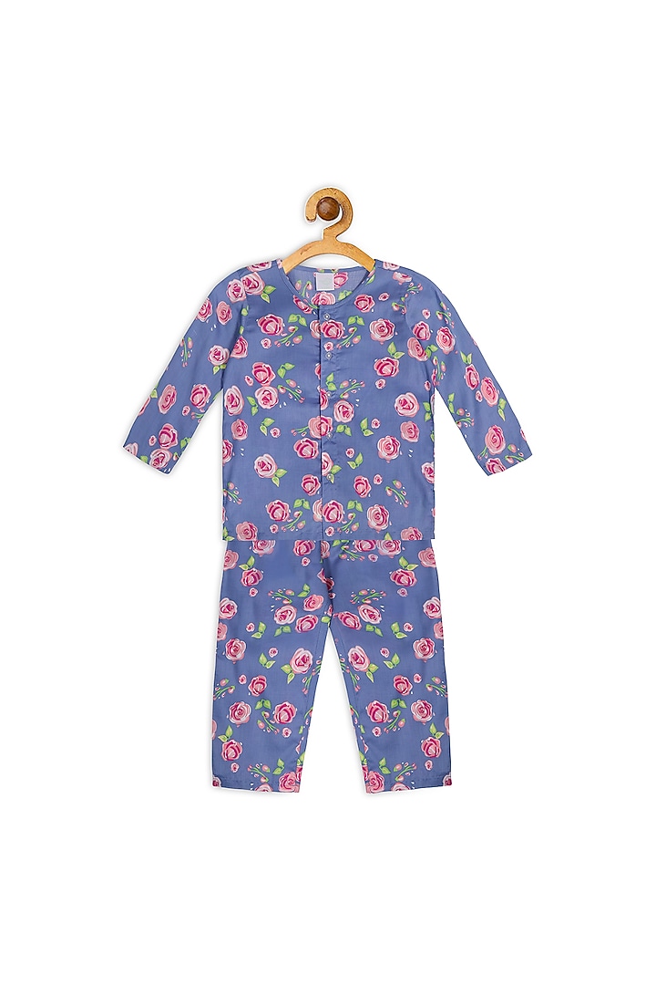 Faded Blue Printed Night Suit For Girls by Nigh Nigh label