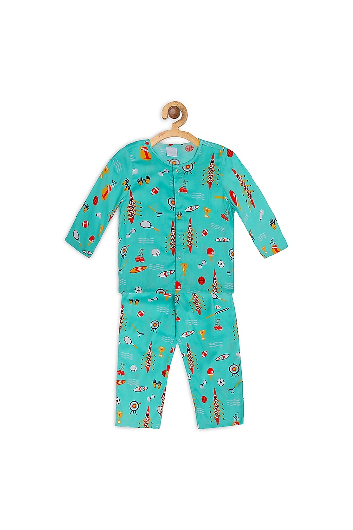 Medium Turquoise Printed Night Suit For Boys by Nigh Nigh label