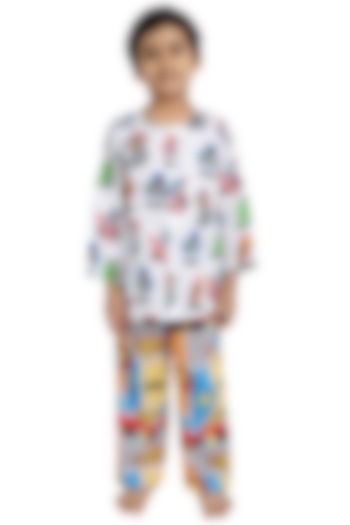 White Printed Night Suit For Boys by Nigh Nigh label