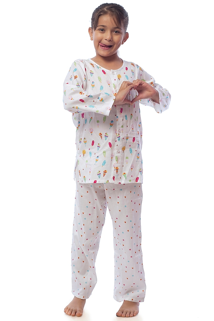 White Ice-Cream Printed Night Suit For Girls by Nigh Nigh label