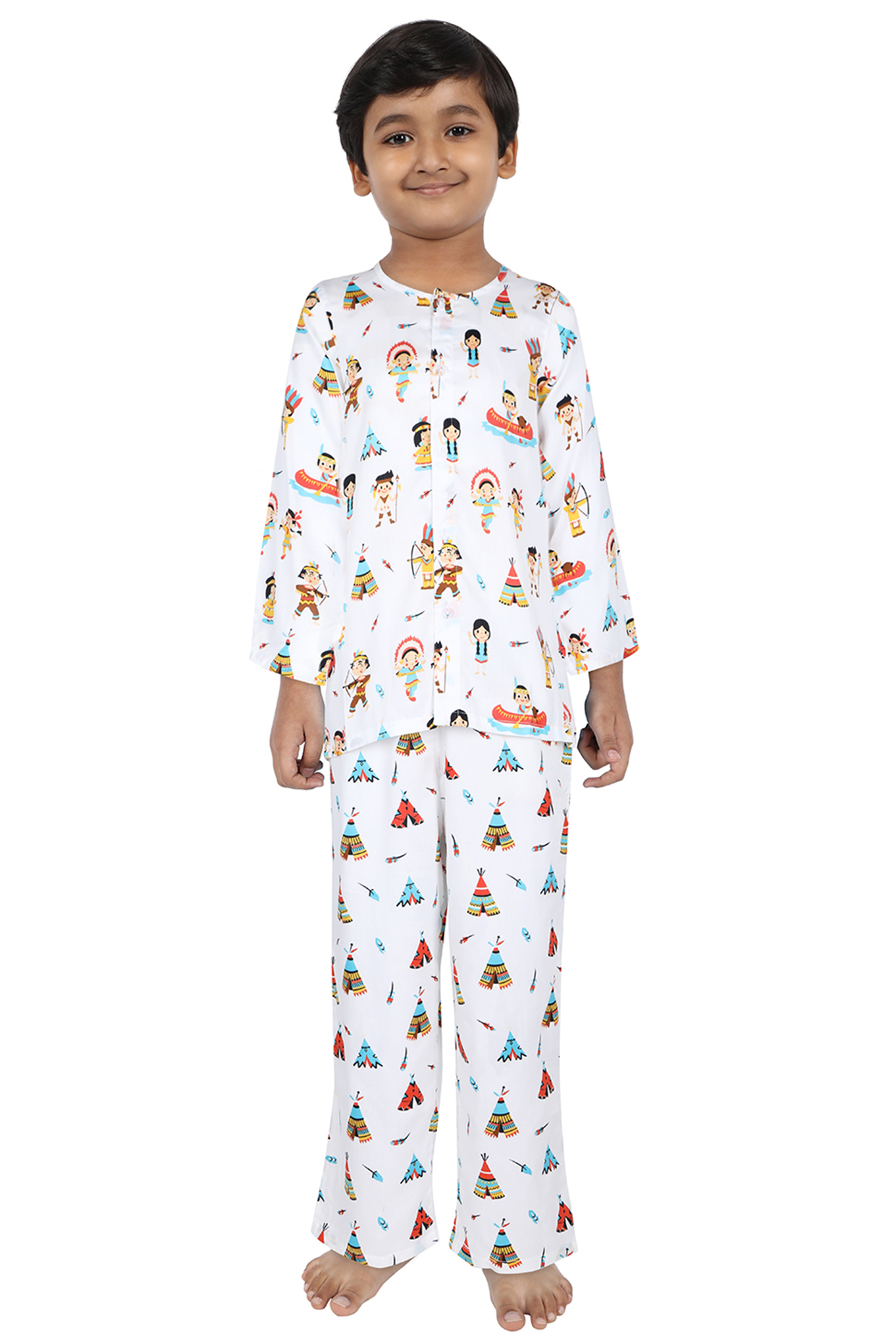 White Cotton Night Suit For Boys Design by Nigh Nigh label at