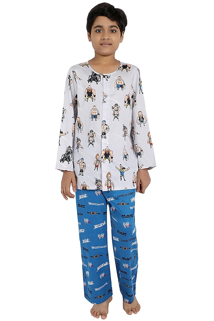 Grey Printed Night Suit For Boys by Nigh Nigh label
