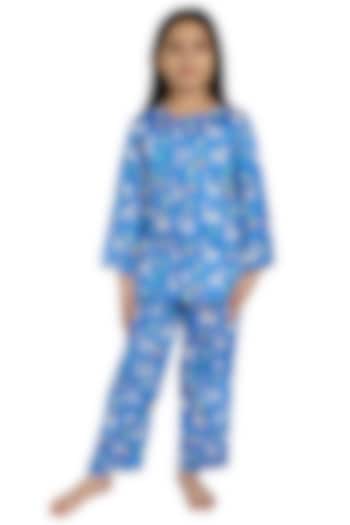 Cobalt Blue Cotton Printed Night Suit For Girls by Nigh Nigh label
